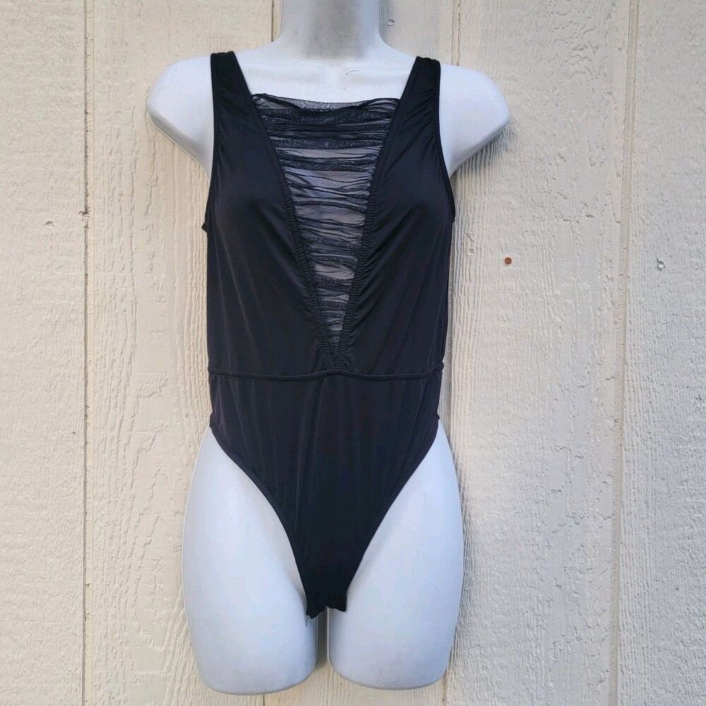 Victoria's Secret Black Floral Lace Mesh Open Back Teddy Bodysuit S Deep V Sexy
